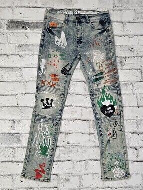 Reason NYC Graphic Moto Jeans Graffiti Distressed Skinny Fit Men's 28